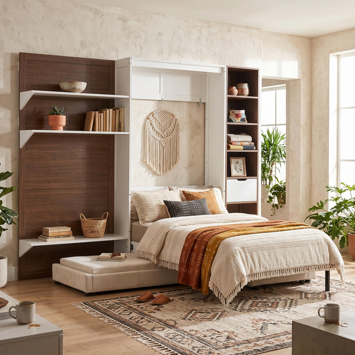 Twin Size Murphy Bed with Open Shelving, Sofa Front and Printed Panel