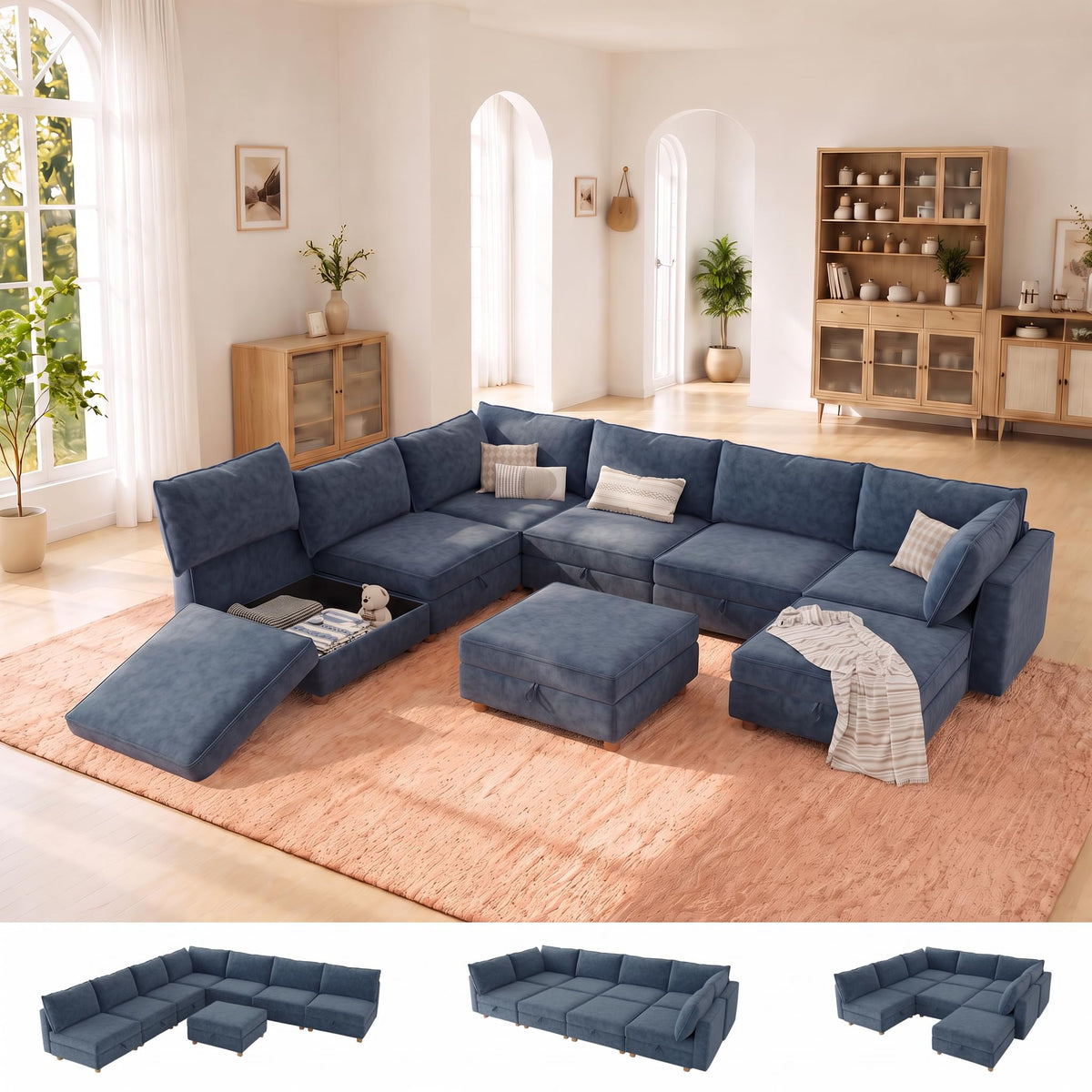 128'' Modular Sectional Sofa,8 Seat Chenille Sectional Sofa with Washable Covers,FSC Certified Modern Sectional Sofa with Storage & Ottoman,Convertible U/L Shaped Couch,Beige Couches for Living Room