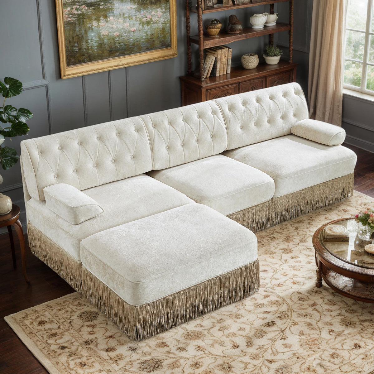 106'' Modern Chesterfield Style 3-Seater Sofa with 2 Ottoman, Upholstered Velvet Modular Sectional Sofa with Button Tufted, U Shape Deep Seat Cloud Sectional Couches for Living Room (Green)