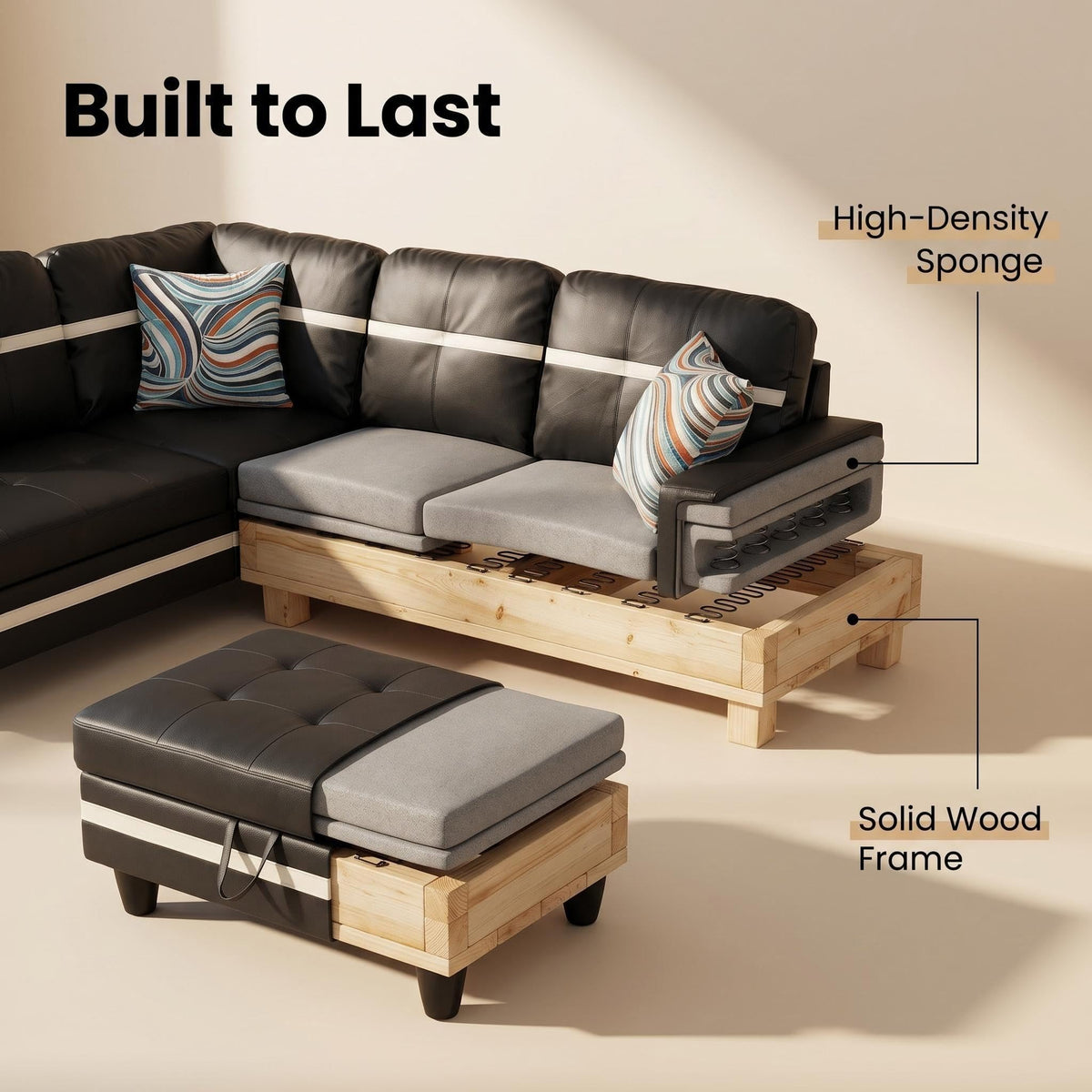 103.5" Sectional Couch with Movable Ottoman, L Shaped 4 Seater PU Faux Leather Sofa w/Chaise Lounge, Comfy Modern Modular Couch for Living Room, Apartment, White Stripes, Right, 3PCS