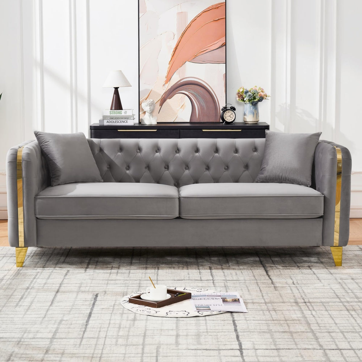 Velvet Chesterfield Sofa Set of 2, Mid Century Modern Deep Seat Loveseat + 3 Seater Couch with Golden Legs and Button Tufted, Upholstered Comfy Sofa with 2 Pillows for Living Room, Black Gold