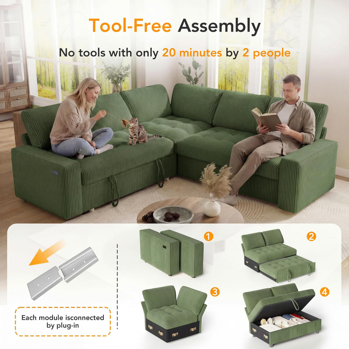 Vipbear Pull Out Sofa Bed Sectional Sleeper Sofa with Reclining Backrest & Storage, Corduroy Pullout Modular Sectional Couches with USB Charging, L Shaped Convertible Couch Bed for Apartment, Green