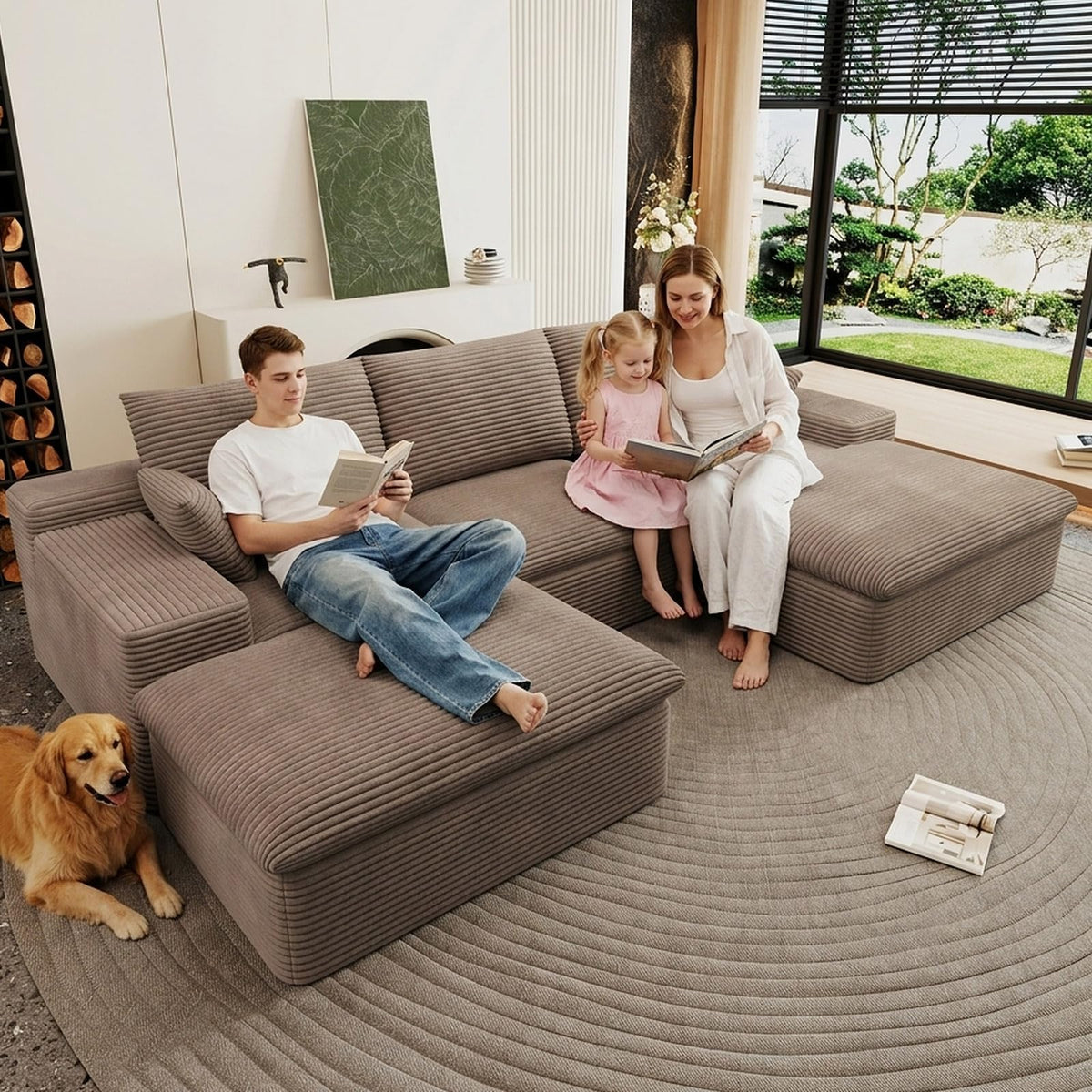 107" Cloud Couch Modular Sectional Couchs with Chaise Lounge, U-Shape Boneless Couches with Ottoman for Living Room, Corduroy Sofa with Deep Seat, No Assembly Required (Green, Left Facing Chaise)