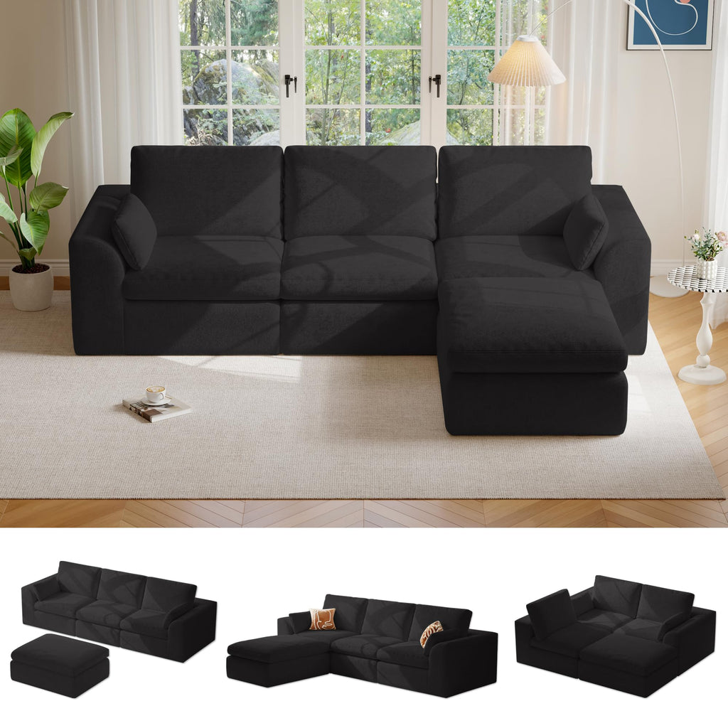 108" Cloud Couch Sectional, Ultra Soft Modular Sofa for Living Room, Comfy Deep Seat L Shaped Couch with Ottoman, No Assembly Required, Compressed Memory Foam Cloud-Like Sofa, Black