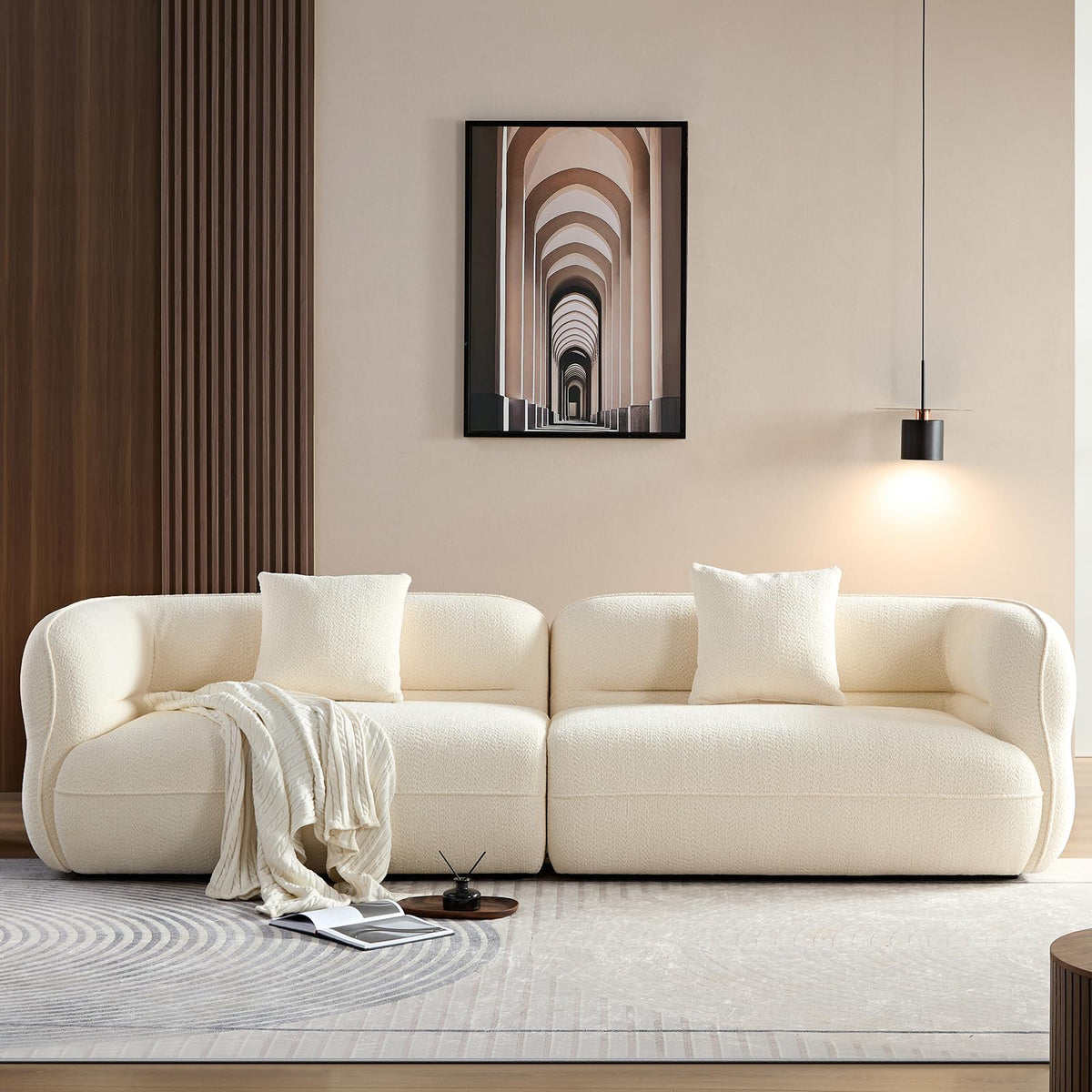 110" Modern Curved Sofa, 3-Seater Comfy Boucle Sofa Couch, Luxury Comfortable Sofas, Modular Sectional Couches for Living Room Home Office Apartment (Beige)