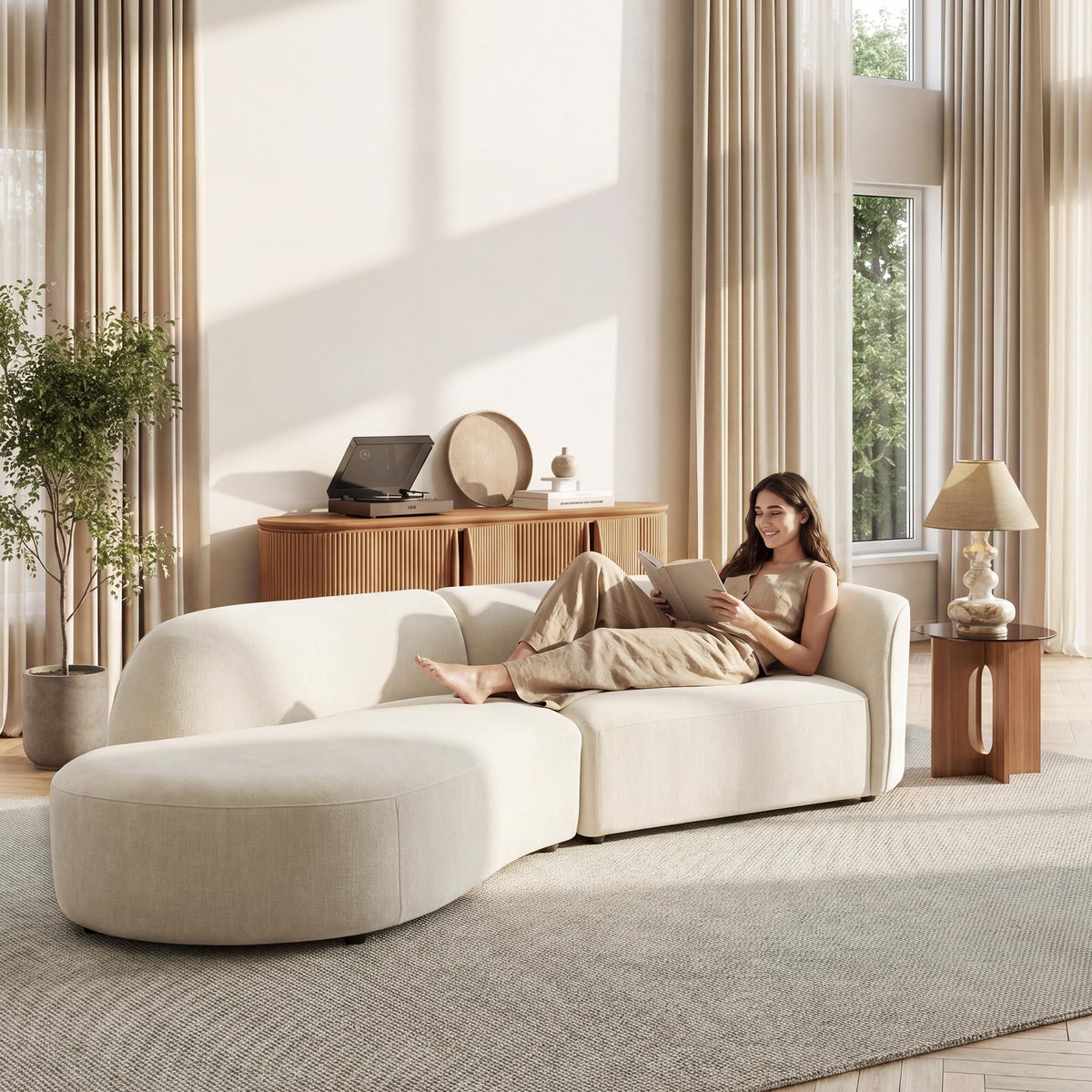 118" Left-Facing Chenille Sectional Sofa with Chaise, Modern Curved Cloud Couch, Deep Seat Upholstered Sofa with Solid Wood Frame, Organic Rounded Design for Living Room, Beige