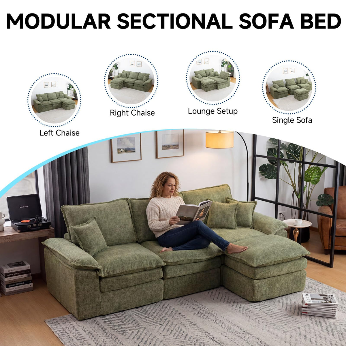 110" L-Shaped Sofa Bed,3-Layer Cushion Modular Sectional Boneless Couch