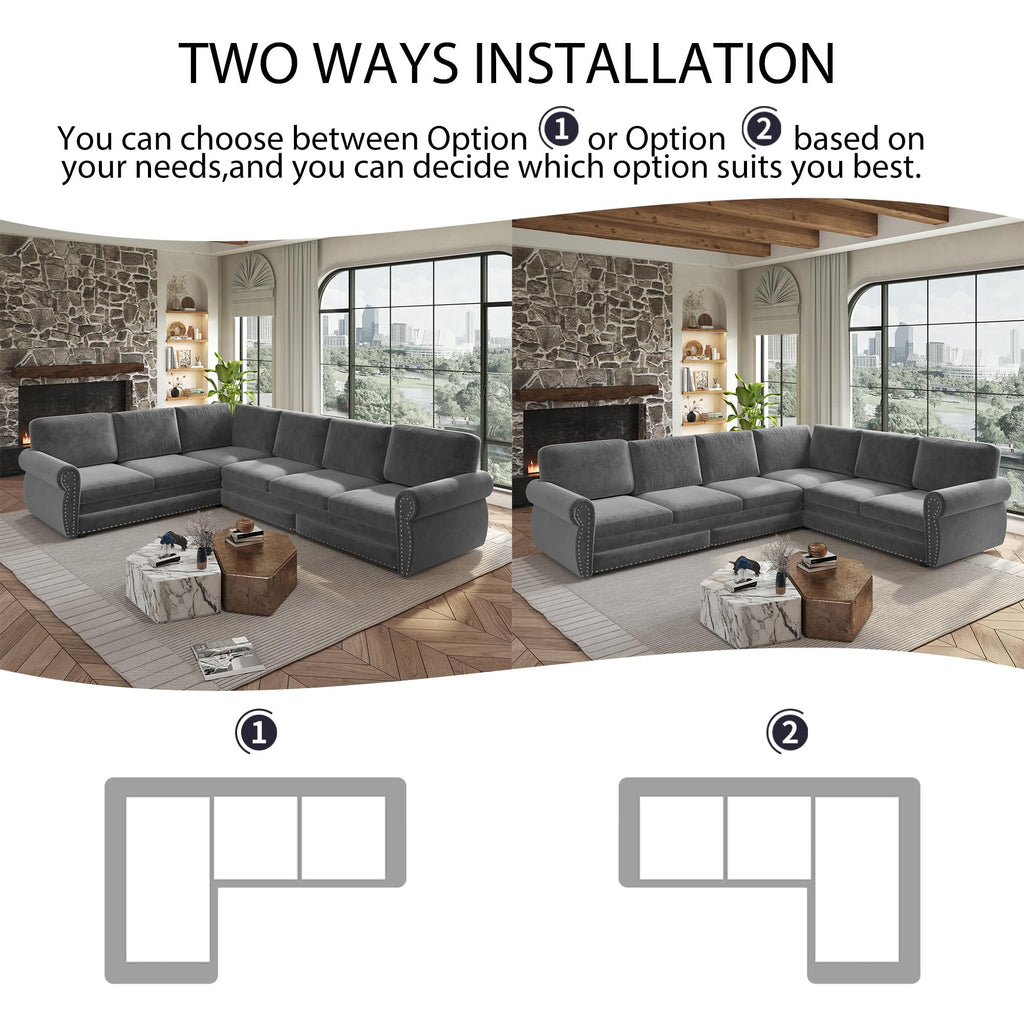 118" L-Shaped Sofa Couch with Pull-Out Bed,Oversize Convertible Sleeper Sofa with Nailhead Trim & Rolled Arm,Chenille Upholstered Sectional Couches,Light Grey