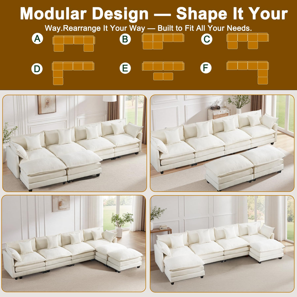 U-Shaped Cloud Chenille Sectional with 2 Ottomans, 146" Modular Sofa for Large Spaces, Ultimate Comfort with Deep Seats & Pillows, Solid Frame, 1YR Warranty, Beige