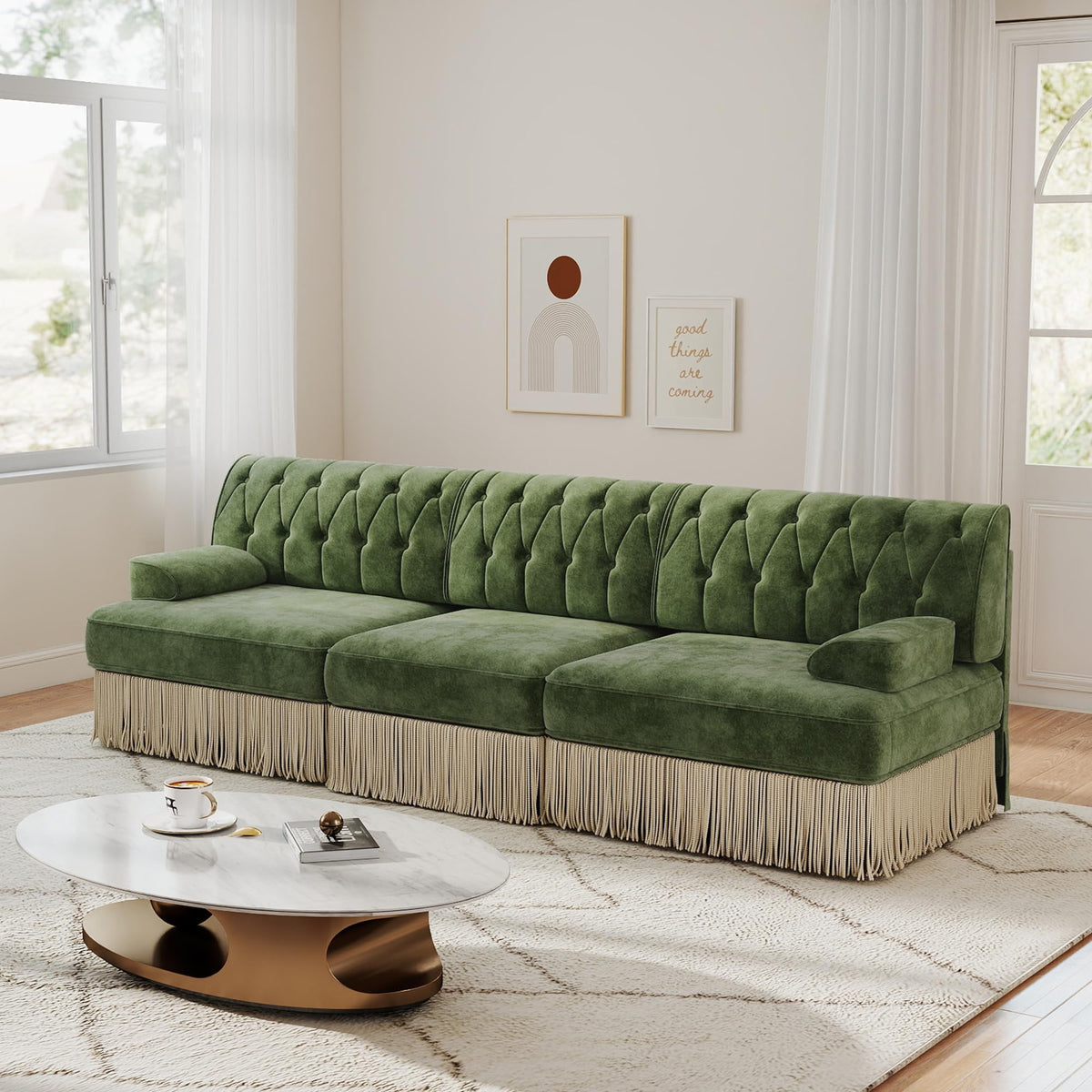 Unique Chesterfield Style Modular Sectional Sofa, 135.6” L-shaped Boneless Sofa with Velvet Fabric, Floor-grazing Tassel Fringe Skirt and Button Tufted Design for Living Room, Easy to Assemble, Beige