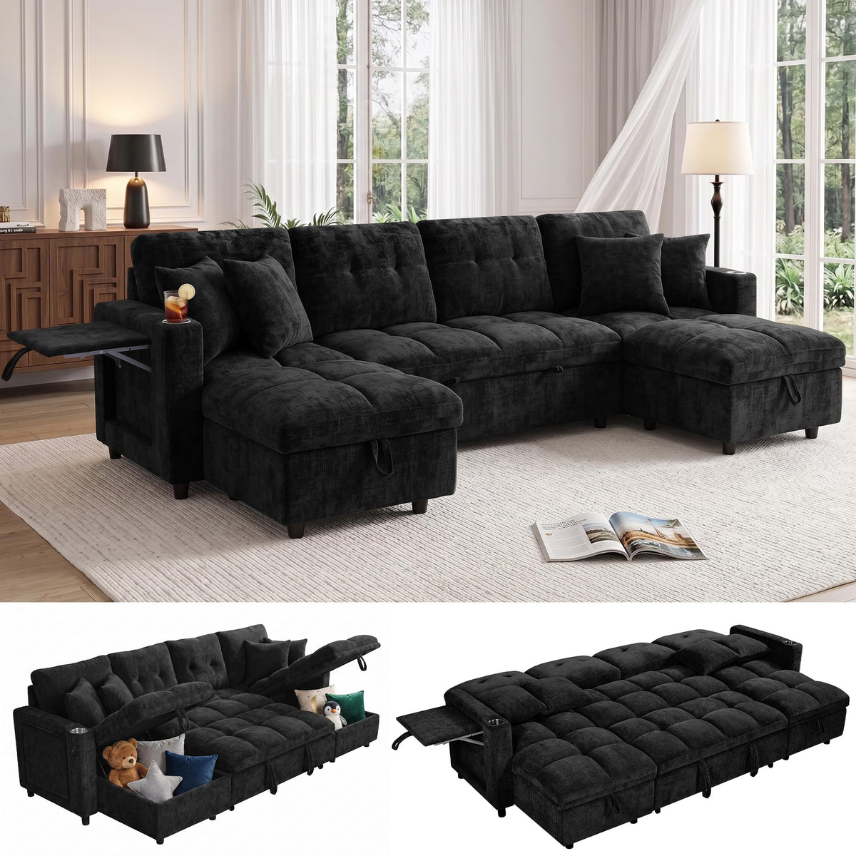 108”Pull Out Sofa Bed, U Shaped Sleeper Sofa for Living Room, Black
