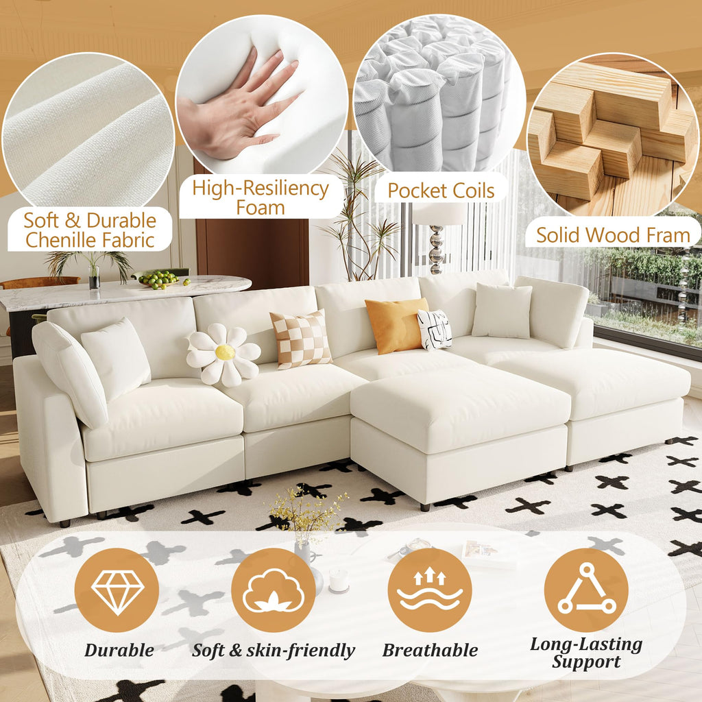 128" U-Shaped Modular Sectional Sofa, Modern Cloud Couch with Solid Wood Frame, Oversized Chenille Fabric Sleeper Sofa Couches with 2 Ottoman Chaise & Washable Covers