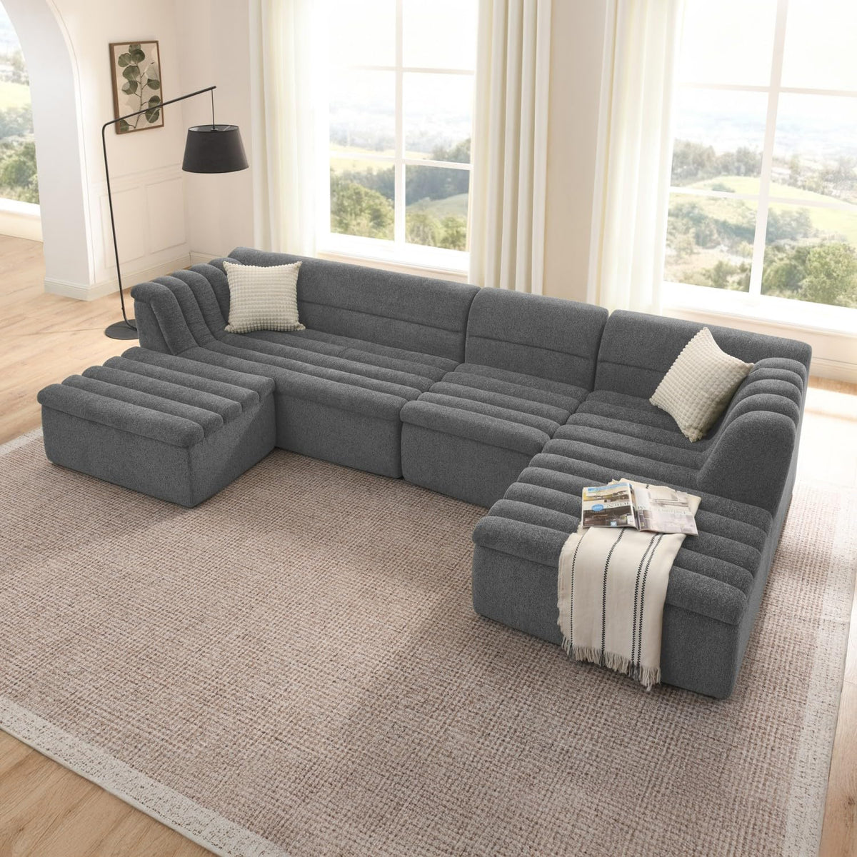 XIAO WEI 106" Modular Sectional Sofa with Chaise, Sage Green Chenille Fabric L-Shaped Couch with Wave-Shaped Armrests, Modern Minimalist Boneless Floor Sofa for Living Room, Apartment & Playrooms