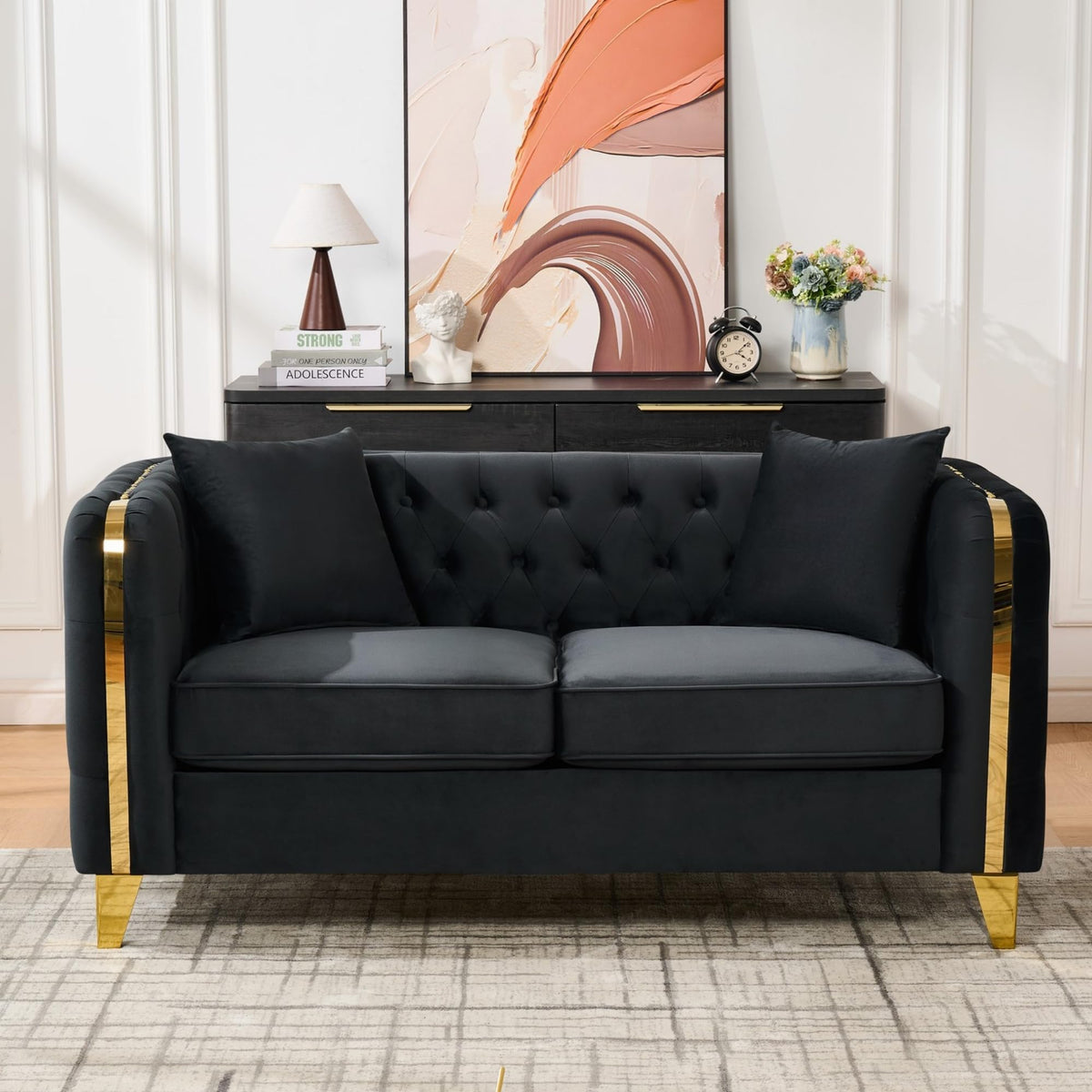 Velvet Chesterfield Sofa Set of 2, Mid Century Modern Deep Seat Loveseat + 3 Seater Couch with Golden Legs and Button Tufted, Upholstered Comfy Sofa with 2 Pillows for Living Room, Black Gold