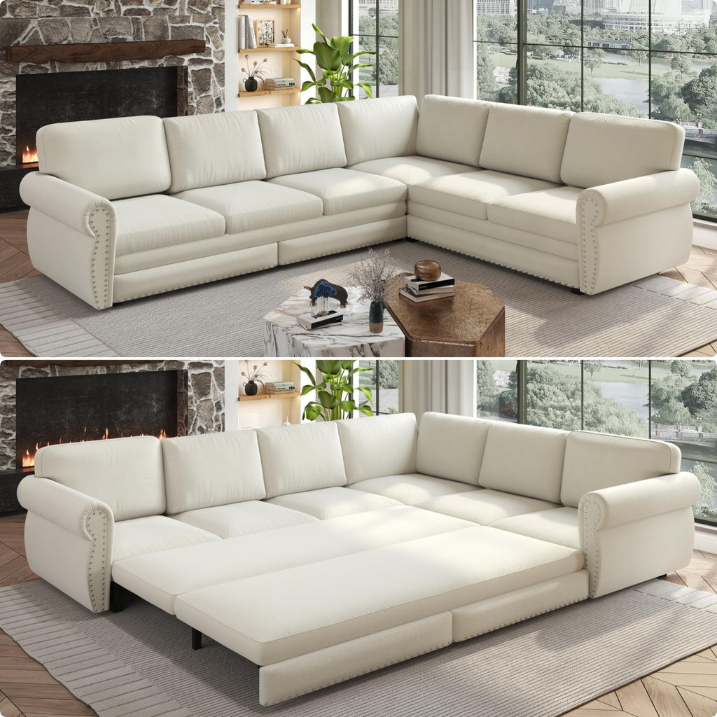 118" Sleeper Sofa Bed, Sectional Couches for Living Room/Apartment, Chenille L Shaped Couch with Pull Out Couch Bed, Convertible Sectional Sofa with Rolled Arm & Nailhead Trim, Green