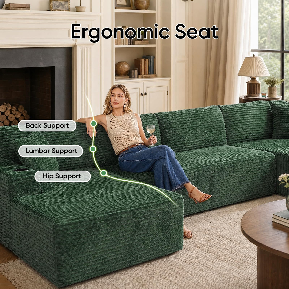 127" Cloud Couch Sectional U Shaped, Corduroy Modular Sofa with Chaise
