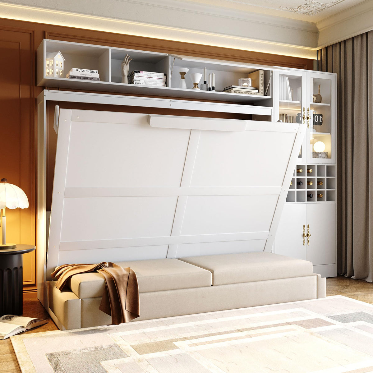 Wood Murphy Bed with Sofa, 4 Storage Shelves and USB Charging Station