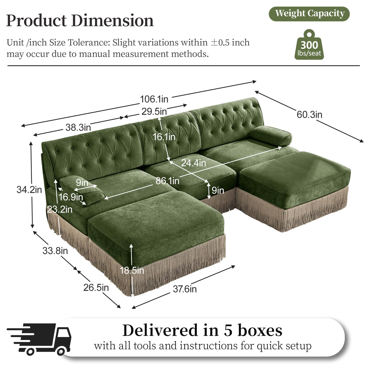 106'' Modern Chesterfield Style 3-Seater Sofa with 2 Ottoman, Upholstered Velvet Modular Sectional Sofa with Button Tufted, U Shape Deep Seat Cloud Sectional Couches for Living Room (Green)