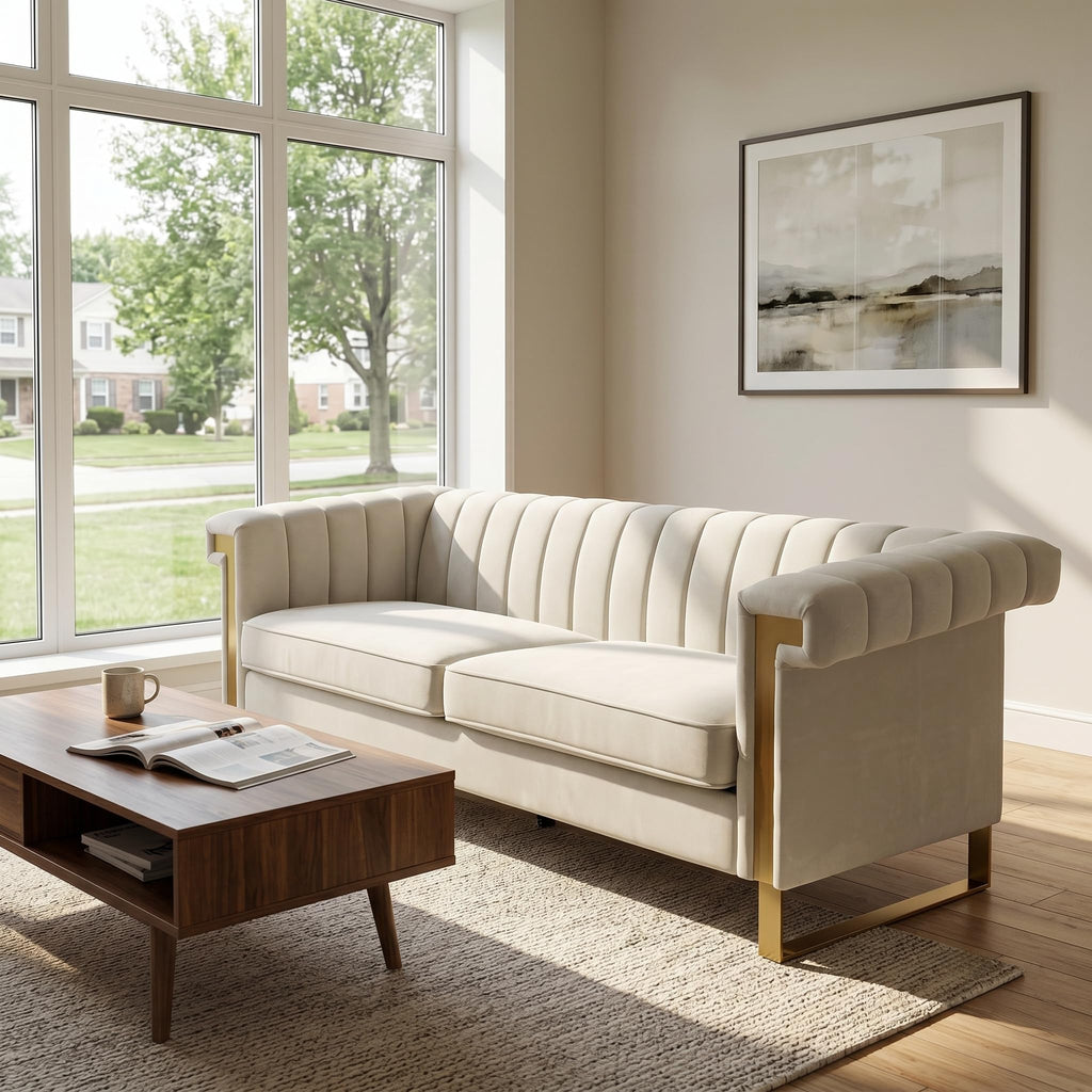 Tomkate 84" Velvet Chesterfield Sofa, Modern 3-Seat Couch with Gold Legs