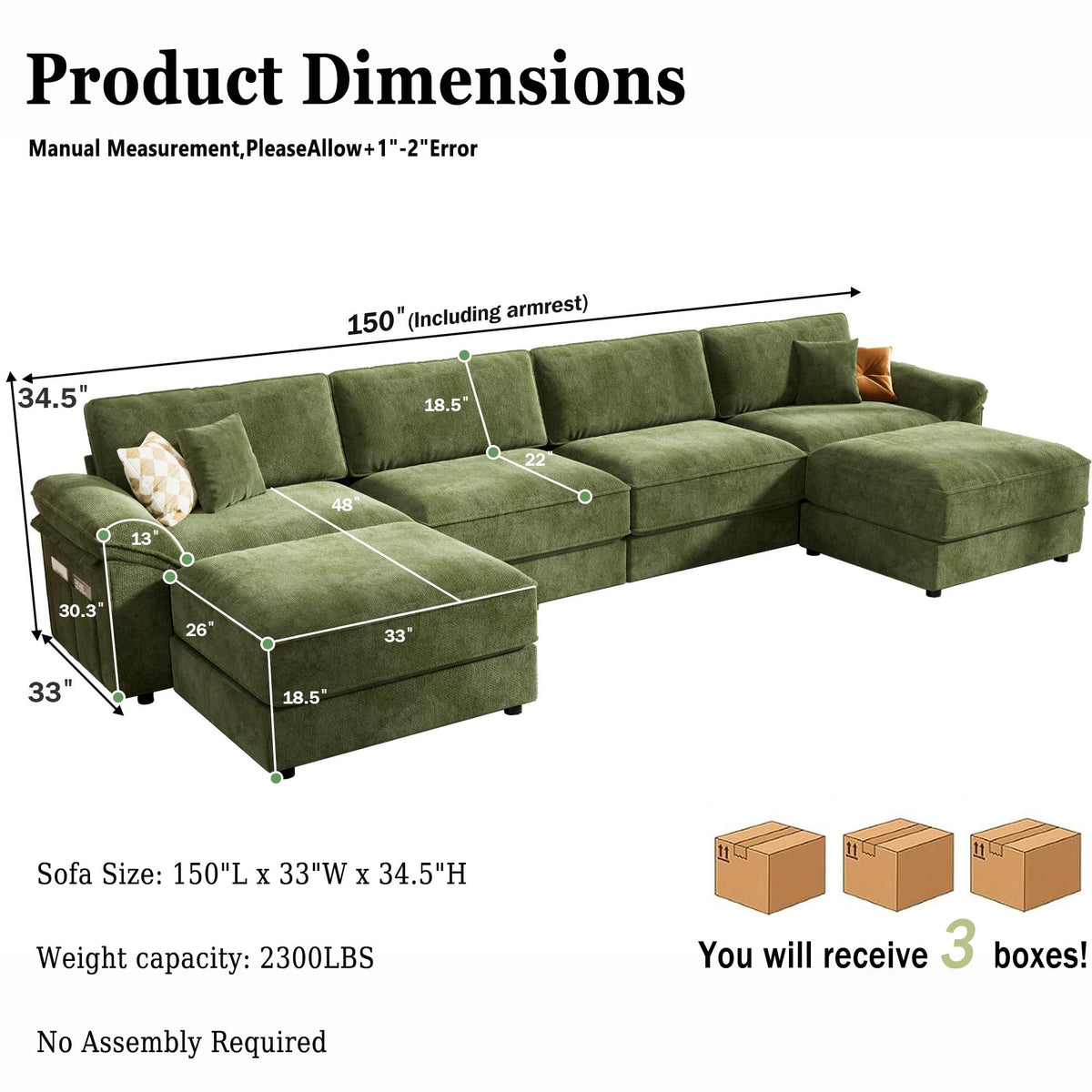 Vipbear 150" Modular Sectional Sofa, U Shaped Cloud Couch with 2 Ottomans