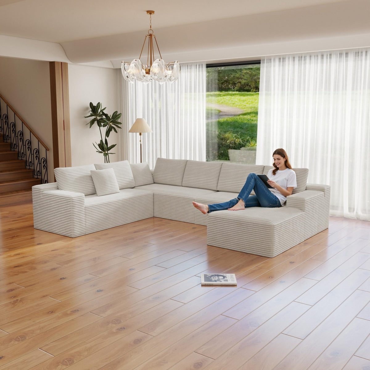 131.9 * 104.3" Modular sectional Sofa seat,Upholstered Compressed Couch for Living Room,Bedroom,Apartment,No Assembly Required,4 PC Free Combination,Plush Corduroy Fabric,White GN365
