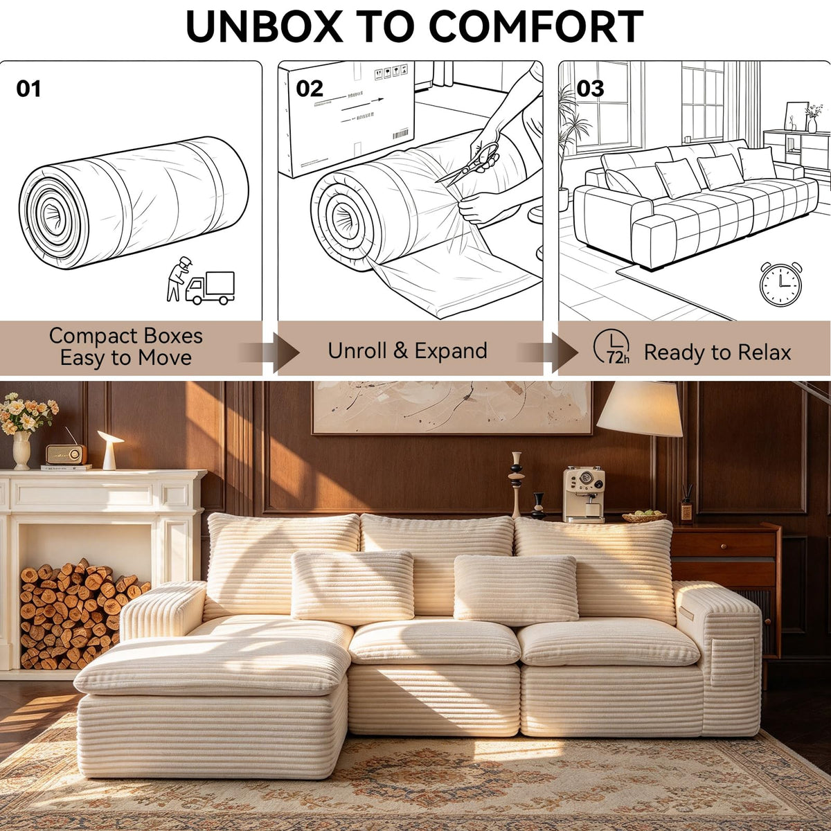 110" Cloud Sectional Couches for Living Room, Warm White