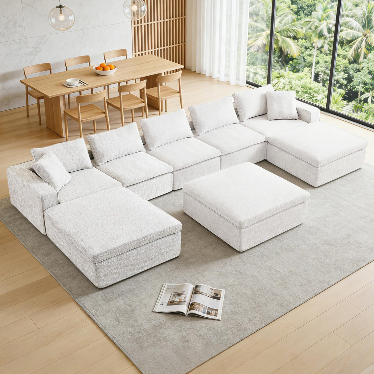 131" Cloud Modular Sofa, Oversized Sectional Couch with Washable Linen Fabric Covers, Large L-Shaped Deep Seat Sofa with Ottoman,7 Seater Down Filled Convertible Furniture for Living Room (Beige)