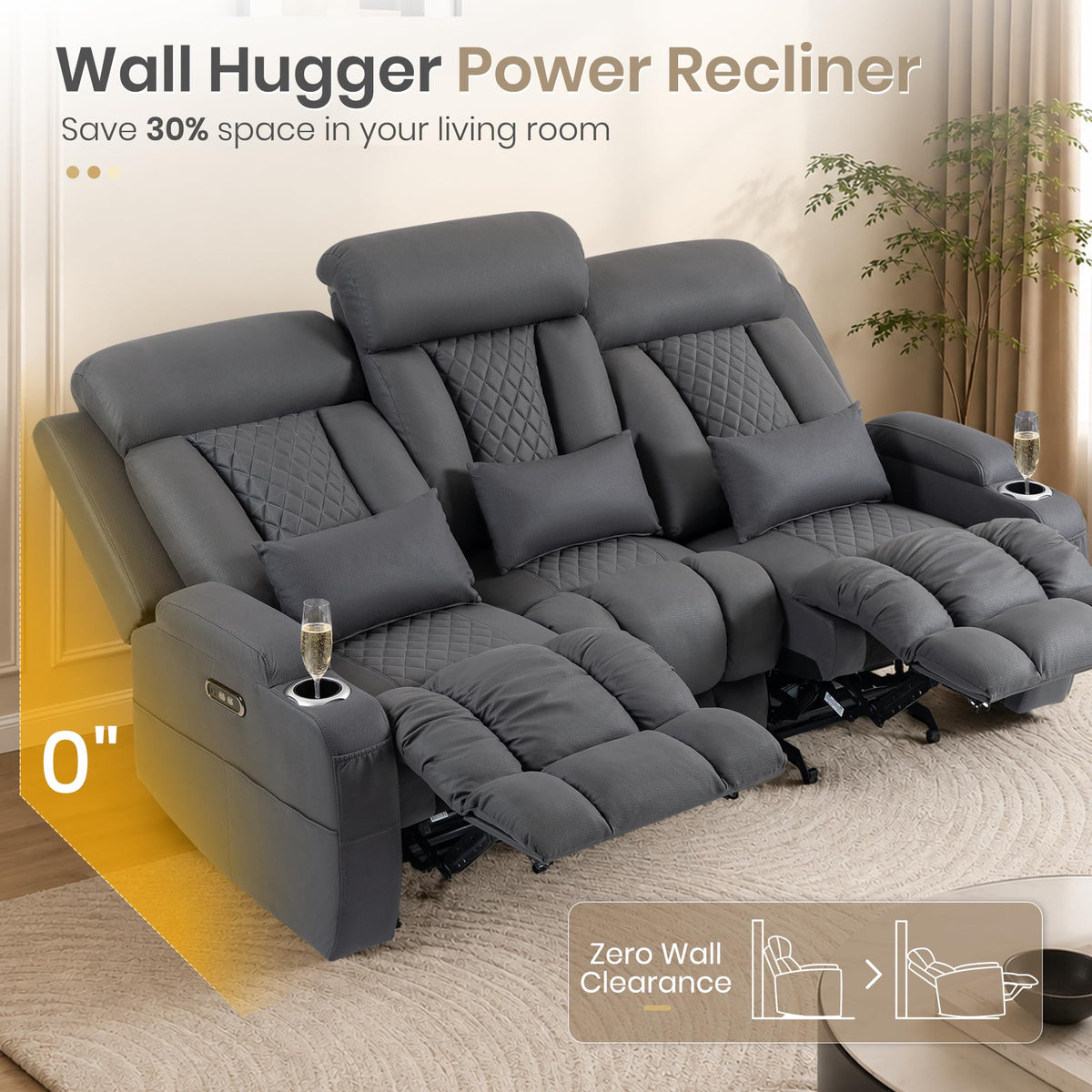 Wall Hugger Power Reclining Sofa w/ Adjustable Headrest, Gray