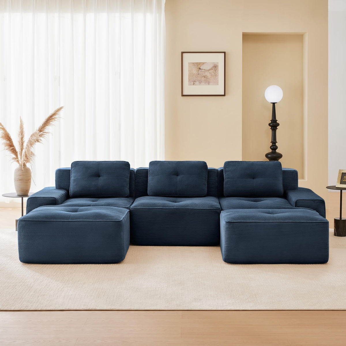 115.3” Camel Boneless Couches for Living Room, Modular Sectional Sofa with L-Shape Chaise, 3 Seater Comfy Upholstered Deep Seat Corduroy Fabric Cloud Couch No Assembly, Anti-Slip Design