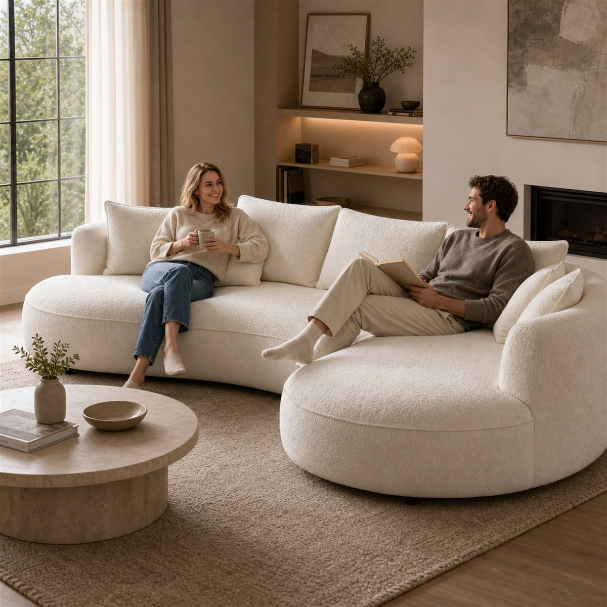 124.8" Beige Curved Boucle Sectional Sofa, 5 Seat Left Facing Chaise