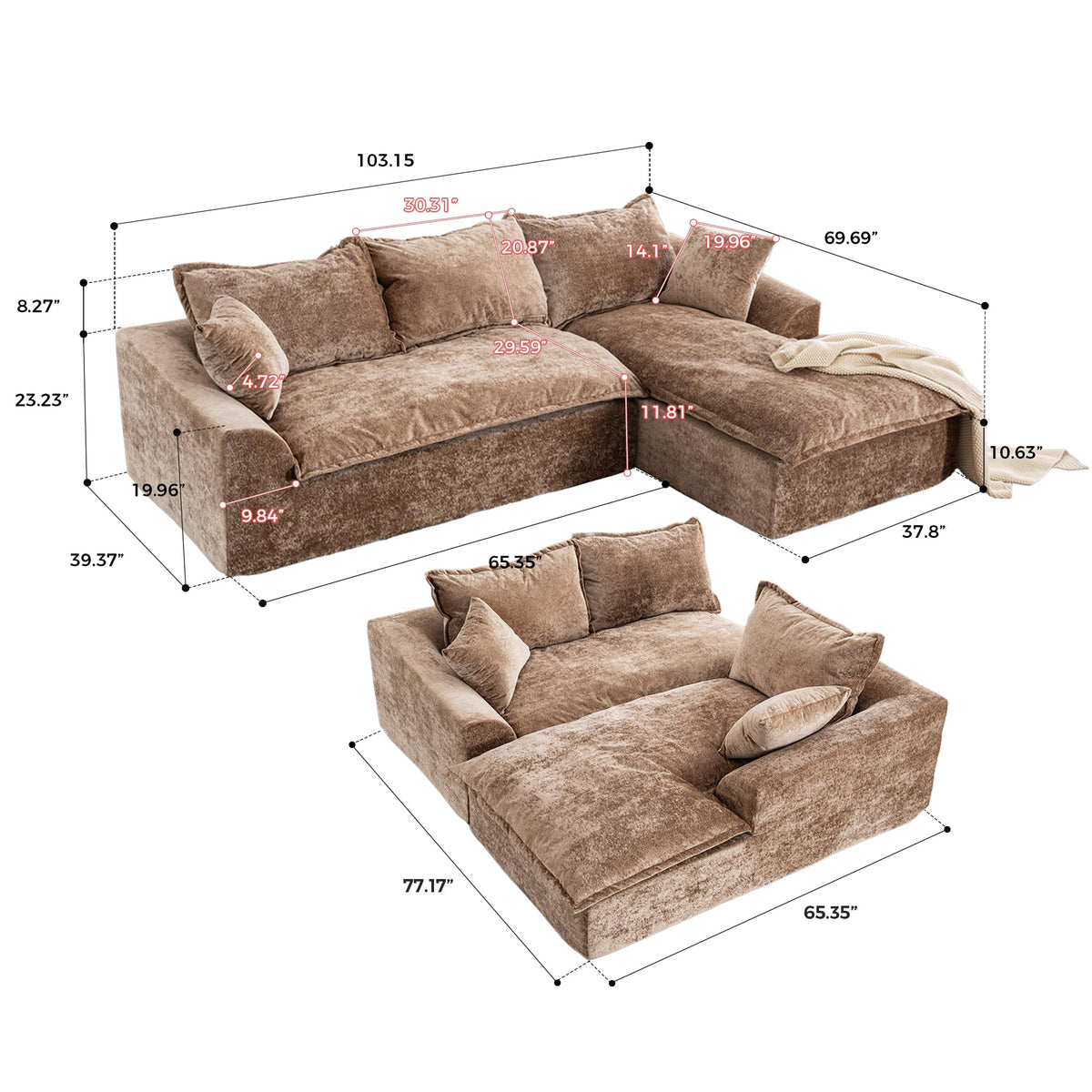 103" Cloud Sectional Couch with L Shape Chaise, Boneless Modular Large Segment Sofa for Living Room, No Assembly Required(Brown)