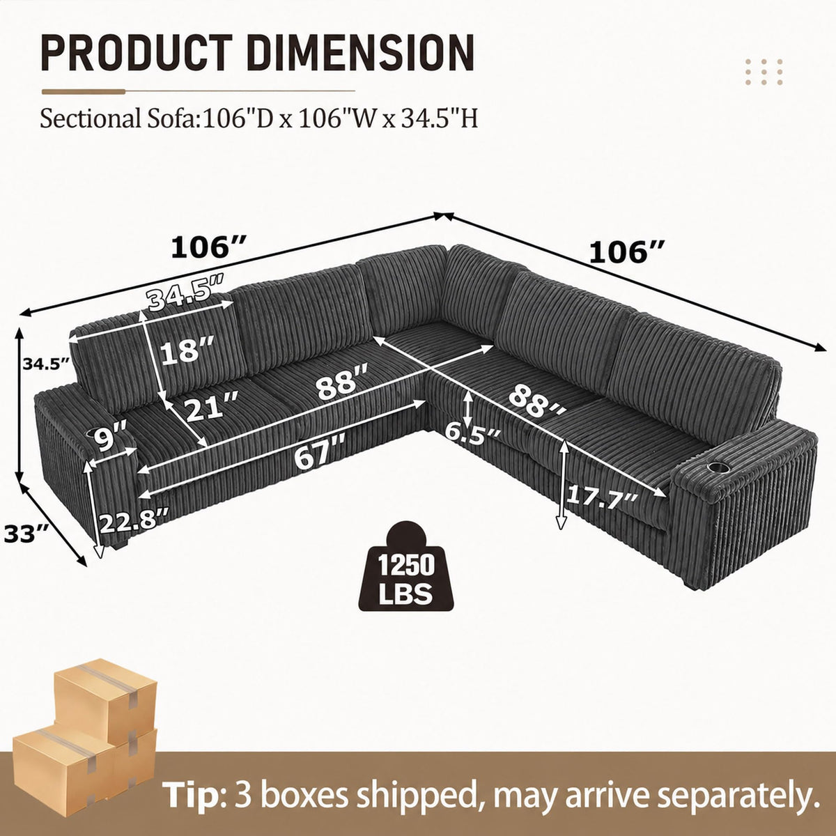 106'' Oversized Sectional Sofa Couch, Plush Corduroy V-Shaped Corner Couch with USB Charger, Armrest Storage and Cup Holders, Deep Seat Sectional Couches for Living Room, Grey
