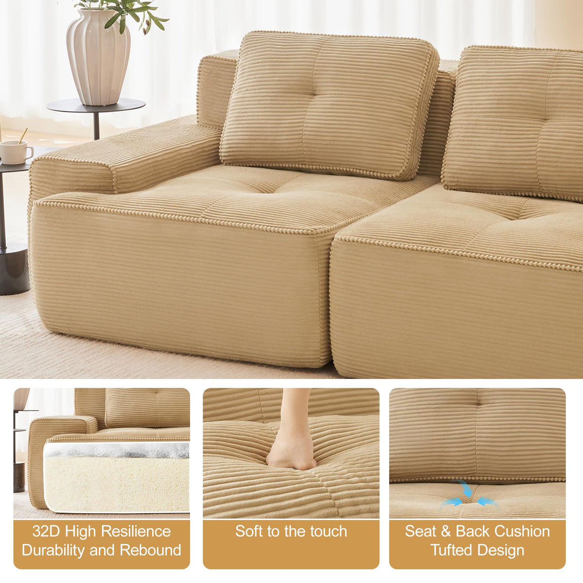 116" Boneless Corner Sectional Couch, 5 Seat Cloud Couches,Camel