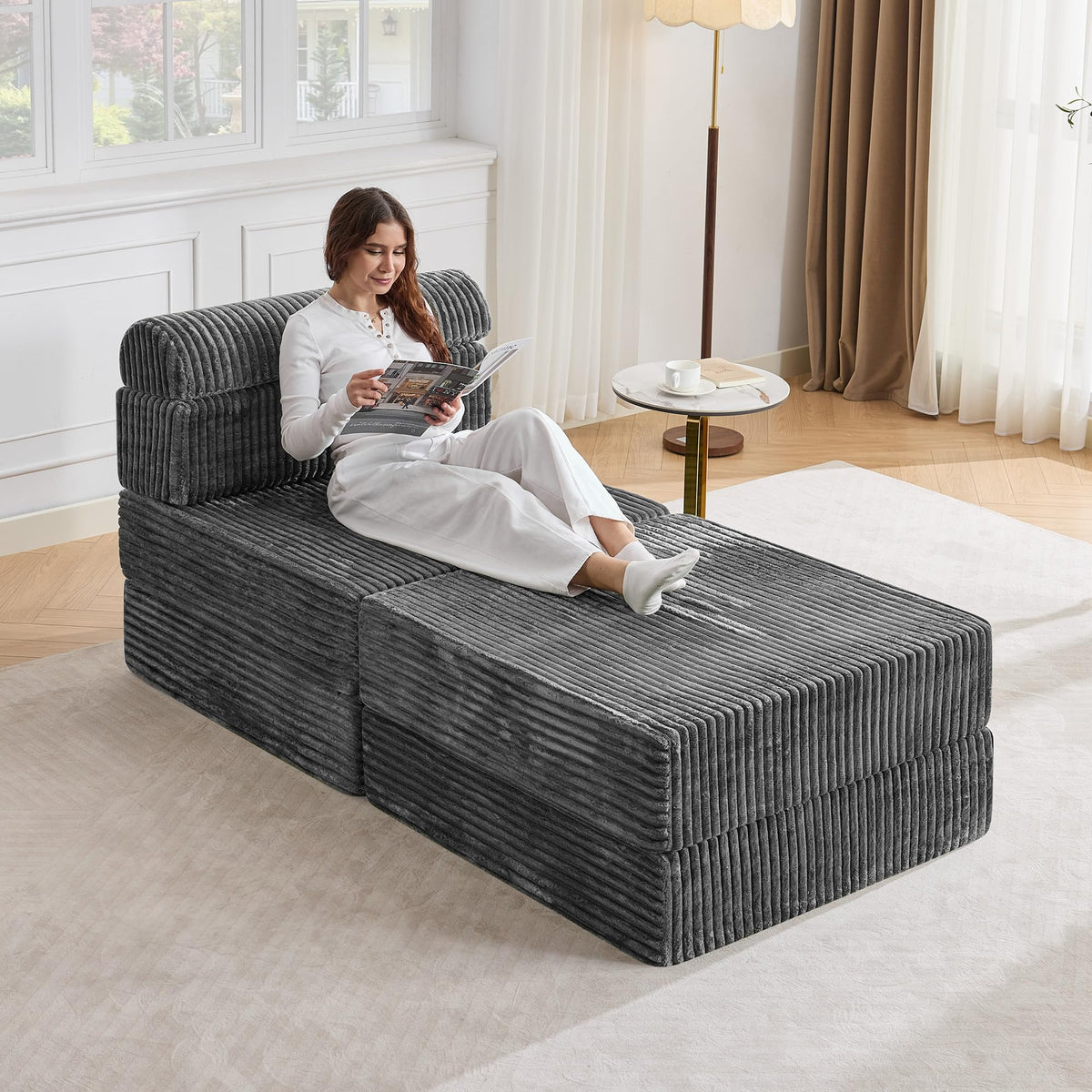 Tbfit 142” Modular L Shaped Sectional Boneless Couch, Convertible Futon Sofa Bed, Corduroy Cloud Mattress Sleeper Sofa, Comfy Folding Upholstered Floor Couches for Living Room, Bedroom, Beige