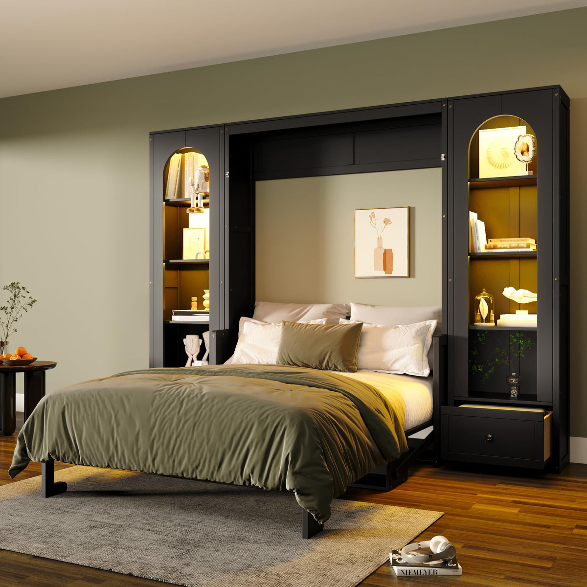 Twin Size Murphy Bed with Open Shelving, Sofa Front and Printed Panel