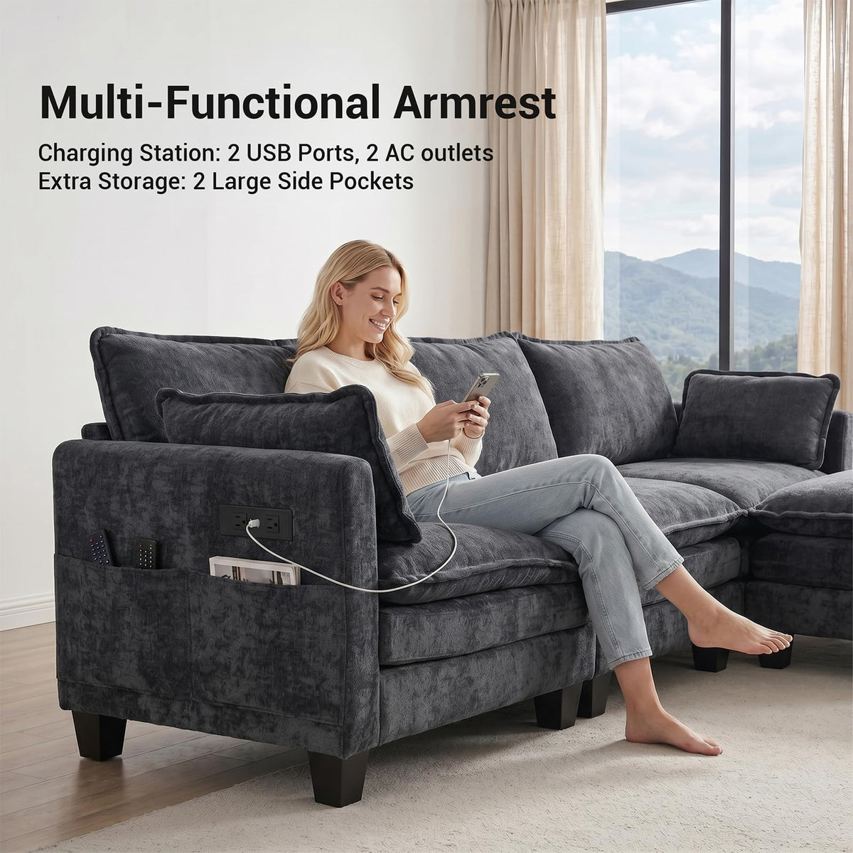 108" Modular Sectional Sofa Cloud Couch - U Shape Sofa with Charging Station Side Storage - Chenille Comfy Couches with Ottoman Movable for Living Room Bedroom Apartment Office, Black