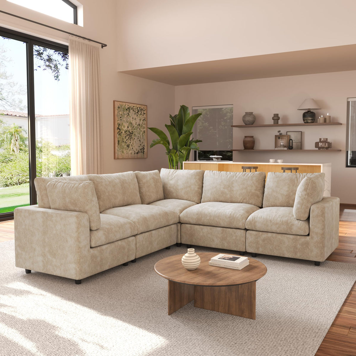 120" Cloud Couch Chenille Sectional Sofa for Livingroom Beige