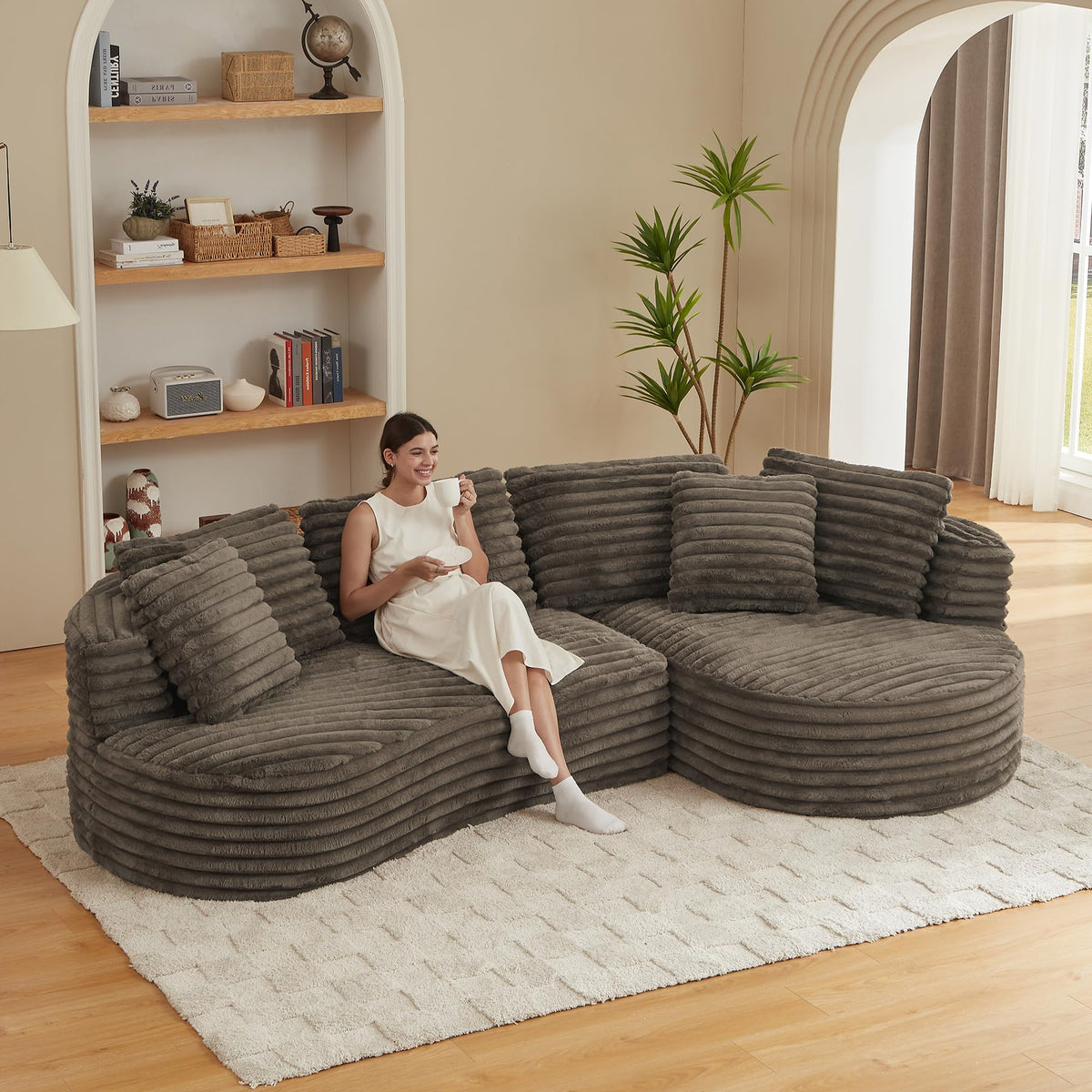 121 inch Boneless Cloud Modular Sectional Couch, Wide Curved L Shaped Sofa with Chaise | Corduroy Fabric | Compressed Foam Sofa for Living Room | No Assembly Black
