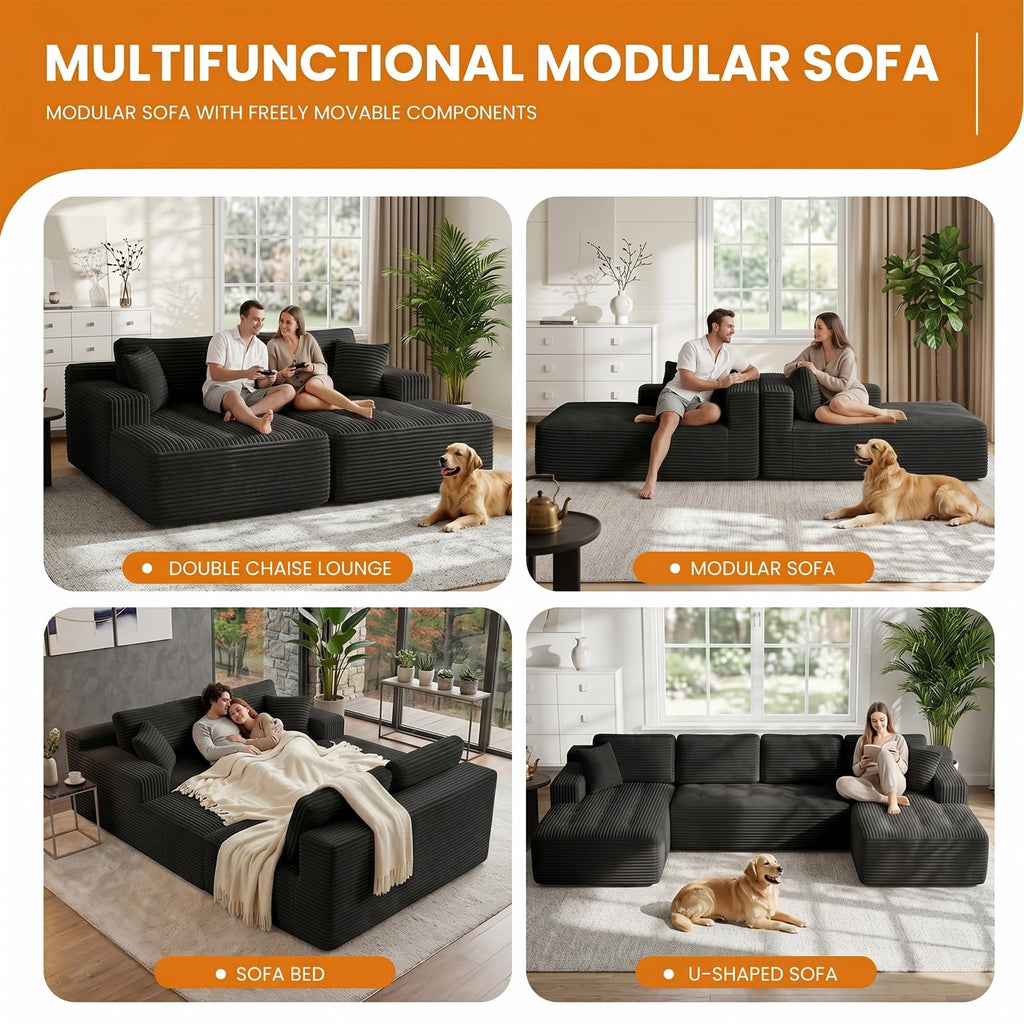 126" Oversized Cloud Boneless Couch, Modern Sofa Couch U Shaped Modular Sectional Sofa with Chaise, Premium Corduroy Fabric Boneless Couch for Living Room, No Assembly Required Black Floor Sofa