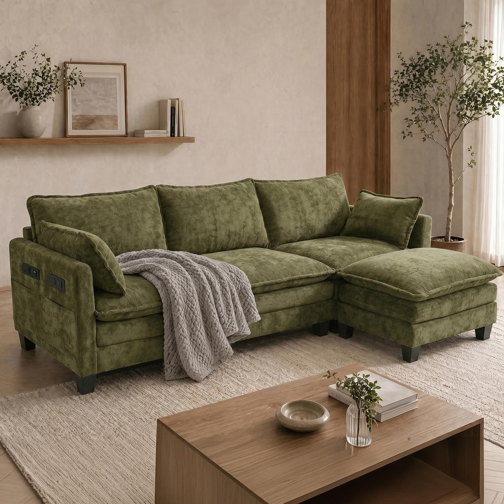 108" Modular Sectional Sofa Cloud Couch - U Shape Sofa with Charging Station Side Storage - Chenille Comfy Couches with Ottoman Movable for Living Room Bedroom Apartment Office, Green