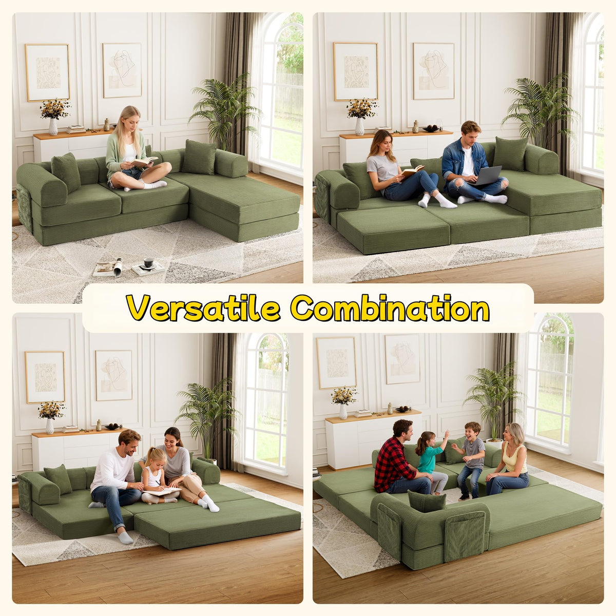 106.3" Modular Sectional Sleeper Sofa with Metal Frame, Green