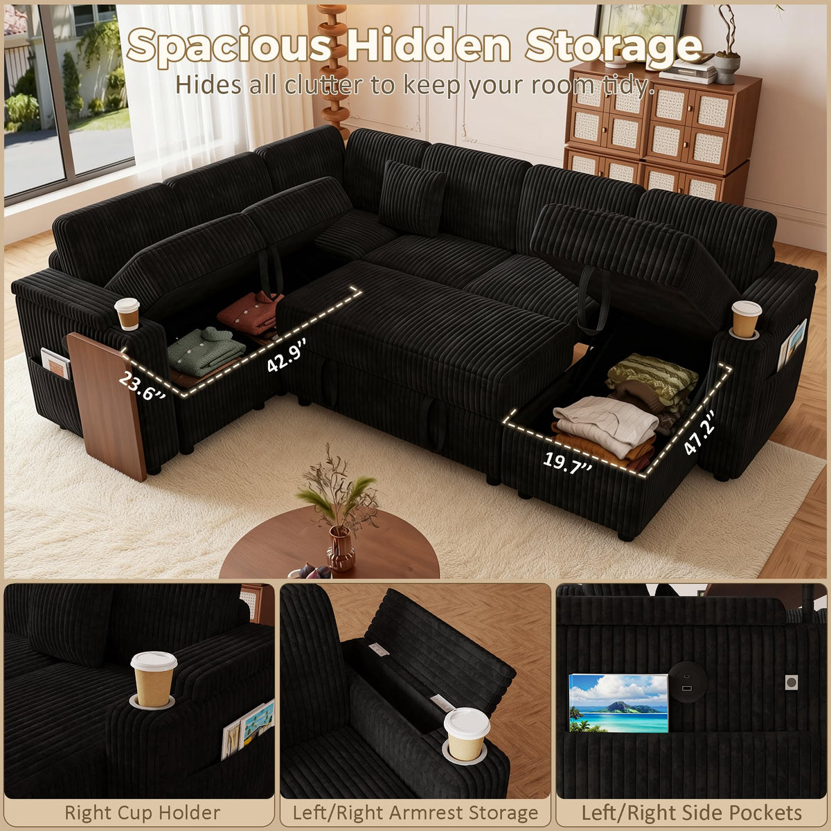 100" Convertible Sectional Sofa Bed, Pull Out Couch Bed with Storage Chaise, Table Board, USB Ports & Cup Holder, 7-Seater Modular Corduroy Sofa Bed, Reclining Sectional Couch for Living Room, Black