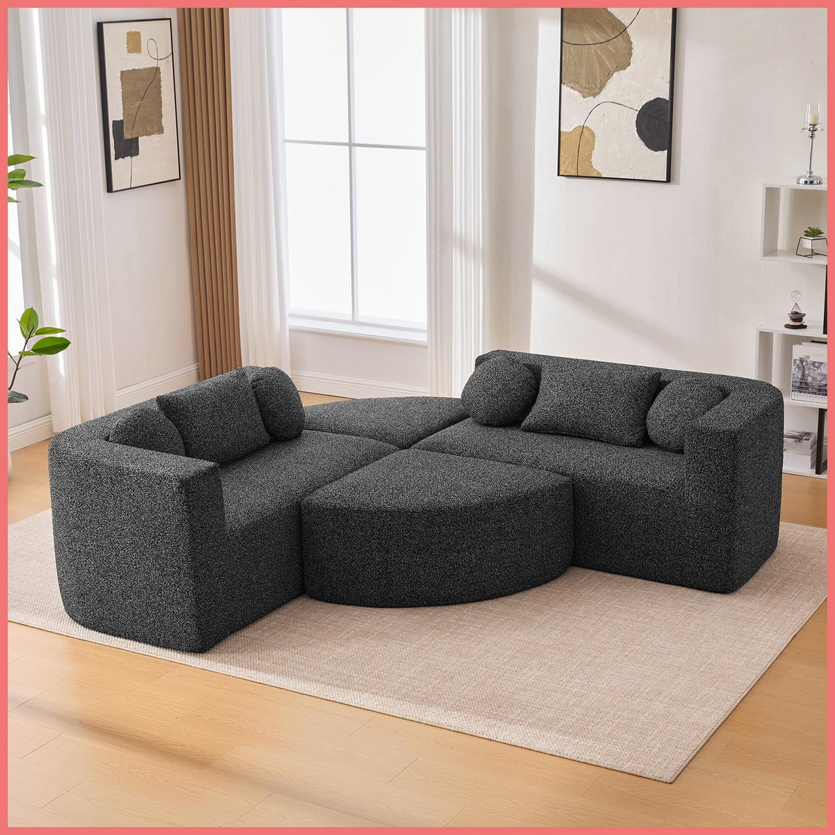 114.9" Modular Sectional Sofa with 4 Round Throw Pillows and 2 Bolster-Style Cushions Free-Combined Curved Design Boneless Bed Couch with Deep Seating for Living Room, Black