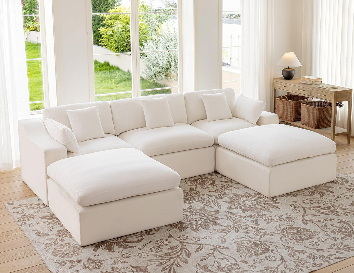 120" Cloud Sectional Couches -Oversized Modern Modular Sofa with Curved Handrail, Convertible L-Shape Couch with Ottoman,4 Chenille Seater Modular Sectional Sofa for Living Room,White