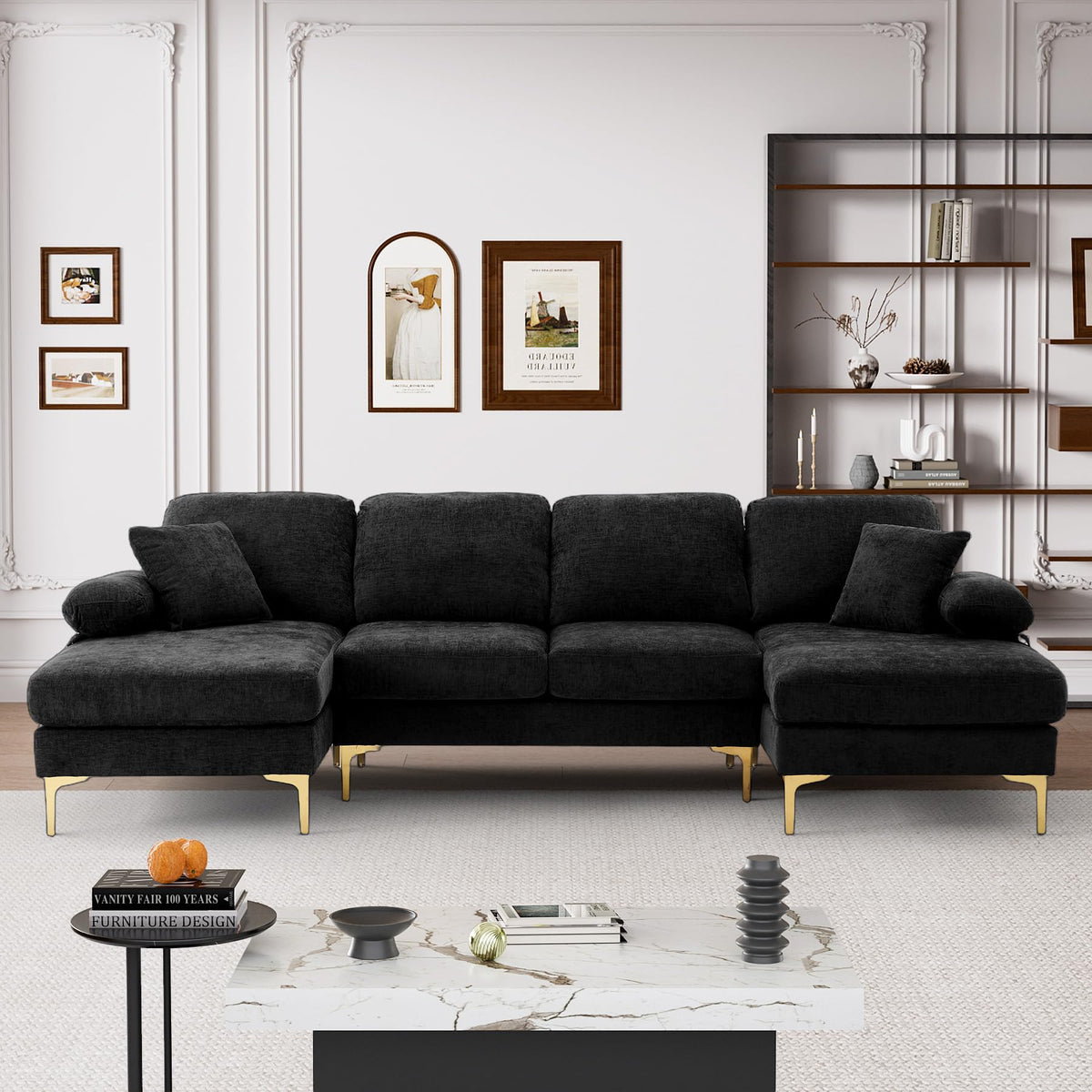 Wrofly U Shaped Couches for Living Room, Convertible L Shaped Couch with Double Chaise Lounge, Modern Comfy Oversized 4 Seater Couches for Living Room Set, Black