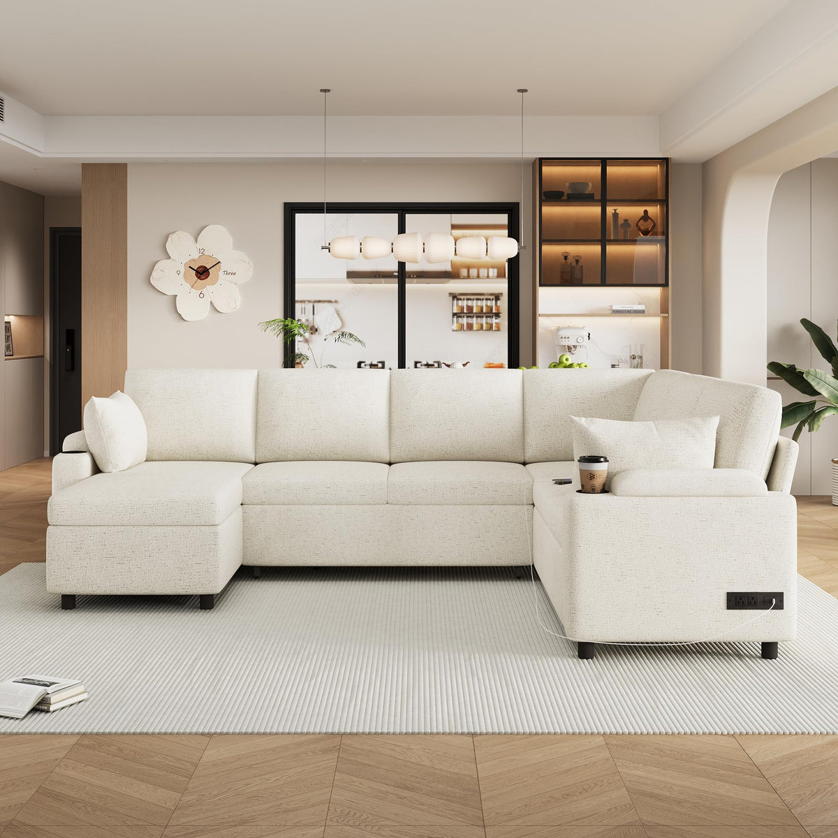 109.9" Sectional Sofa Sofa Bed Sofa Sleeper U Shaped Sofa with Ample Storage Space, Two Cup Holders and Charging Ports for Living Room, Beige