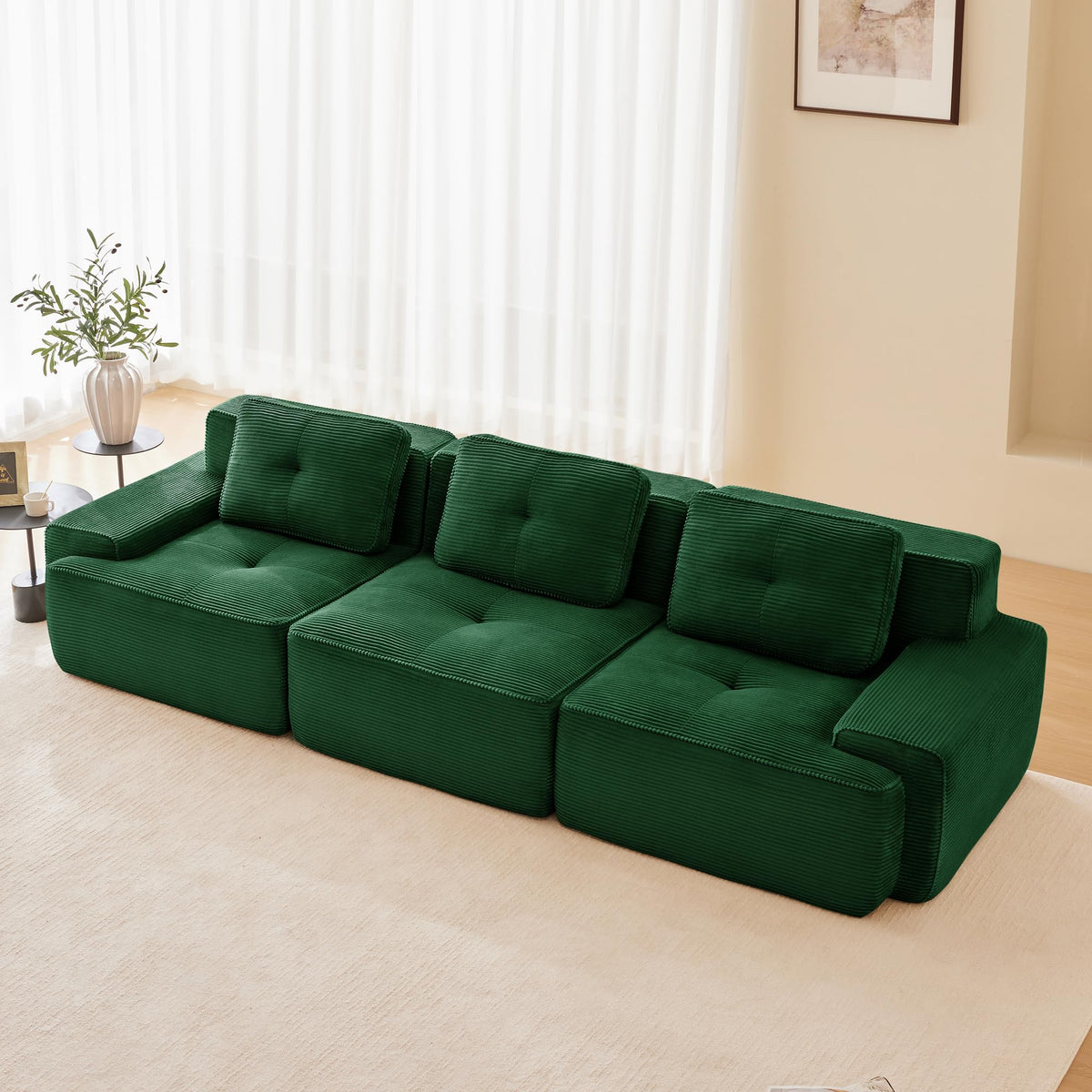 Tidyard 11? Modern Modular Sectional Sofa for Living Room, Corduroy Fabric 3-Seater Couch with Deep Seat, Tufted Design, No Assembly, Anti-Slip Base, Green