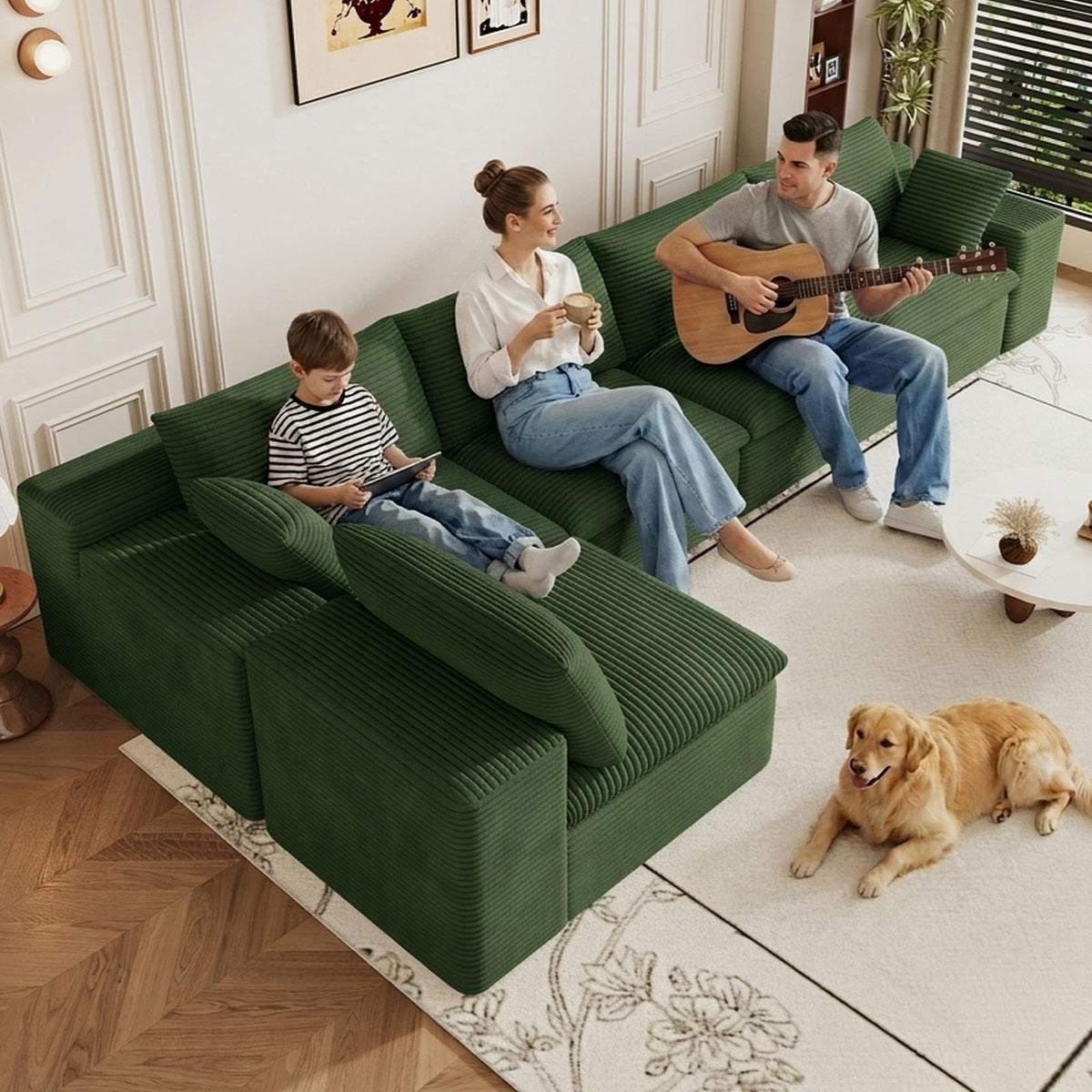 107" Cloud Couch Modular Sectional Couchs with Chaise Lounge, U-Shape Boneless Couches with Ottoman for Living Room, Corduroy Sofa with Deep Seat, No Assembly Required (Green, Left Facing Chaise)