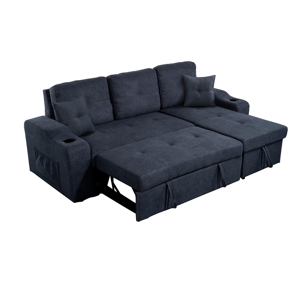 Tidyard Right-Facing Sectional Sofa with Footrest, Convertible Corner Couch with Storage Armrest, Pull-Out Sofa Bed, Double Cup Holders, Dark Grey, Modern Living Room Furniture