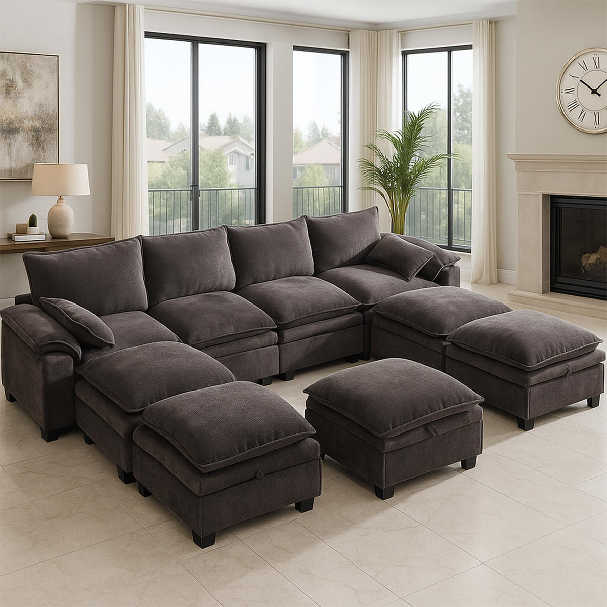 130'' Modular Sectional Sofa with Storage, Premium Chenille Cloud Couch with Movable Ottomans, 1200lbs Heavy Duty Deep Seat Sectional, High-Density Foam (Gray, 4 Seater & 5 Ottoman)